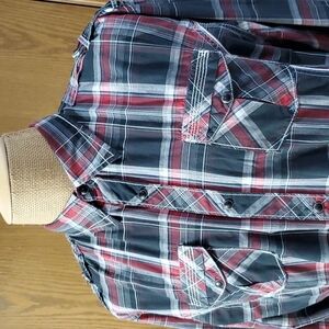 Bke athletic fit red black plaid pearl snap western style shirt